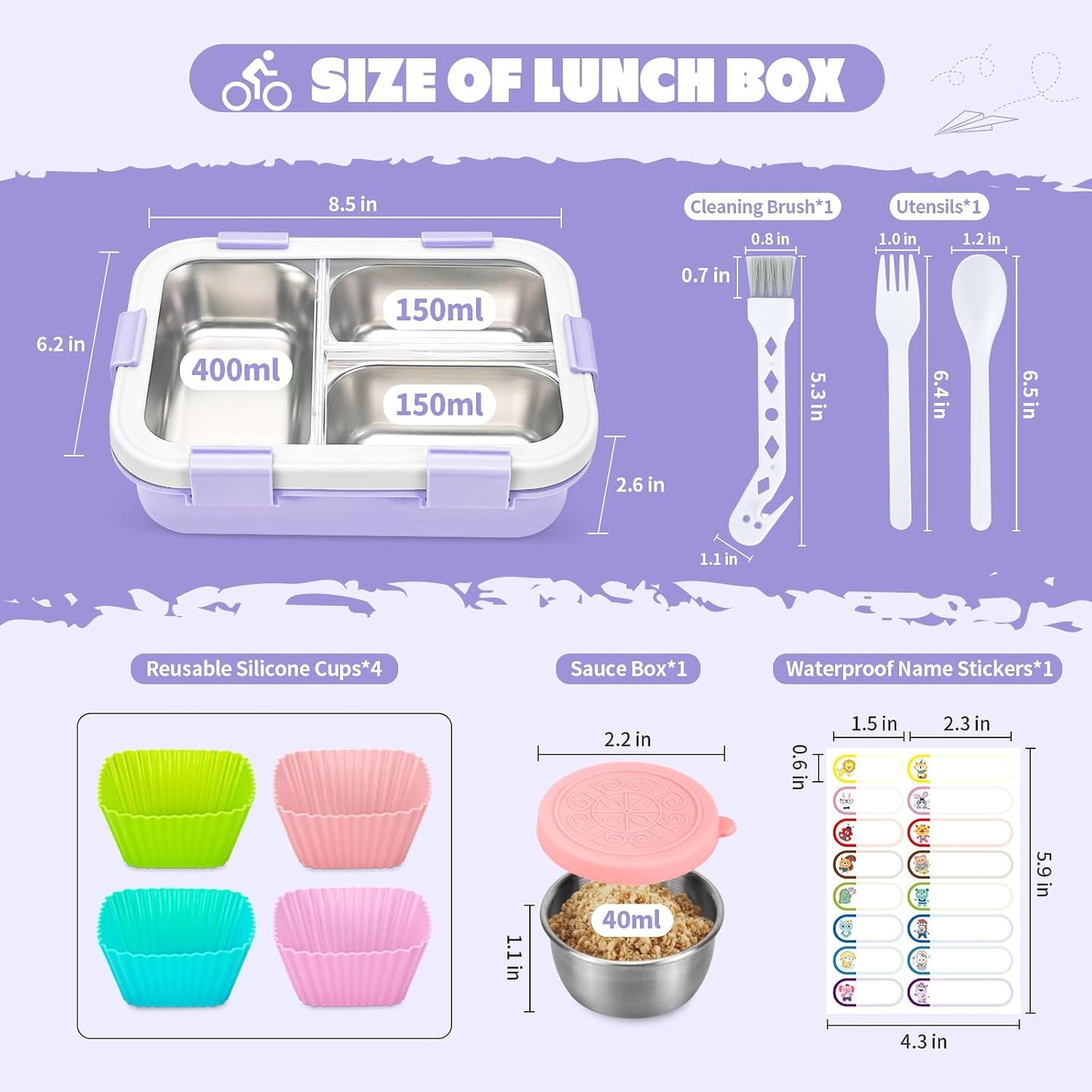Kids Stainless Steel Bento Box, 3 Compartments Leakproof Lunch Box, Portable Food Storage Containers with Silicone Lids BPA-Free for Office, Picnics, Travel, Blue