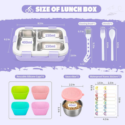 Kids Stainless Steel Bento Box, 3 Compartments Leakproof Lunch Box, Portable Food Storage Containers with Silicone Lids BPA-Free for Office, Picnics, Travel, Blue