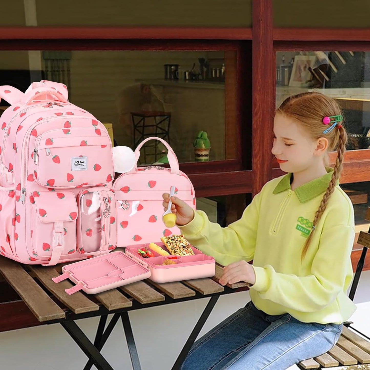 ACESAK Girls Backpack - Bento Box with Insulated Lunch Bag Pencil Case & Utensils Set for Kids, 6 Leakproof Compartments Removable Tray Lunches or Snack Container for School (Gray Daisy)