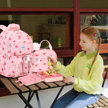 ACESAK Girls Backpack - Bento Box with Insulated Lunch Bag Pencil Case & Utensils Set for Kids, 6 Leakproof Compartments Removable Tray Lunches or Snack Container for School (Gray Daisy)