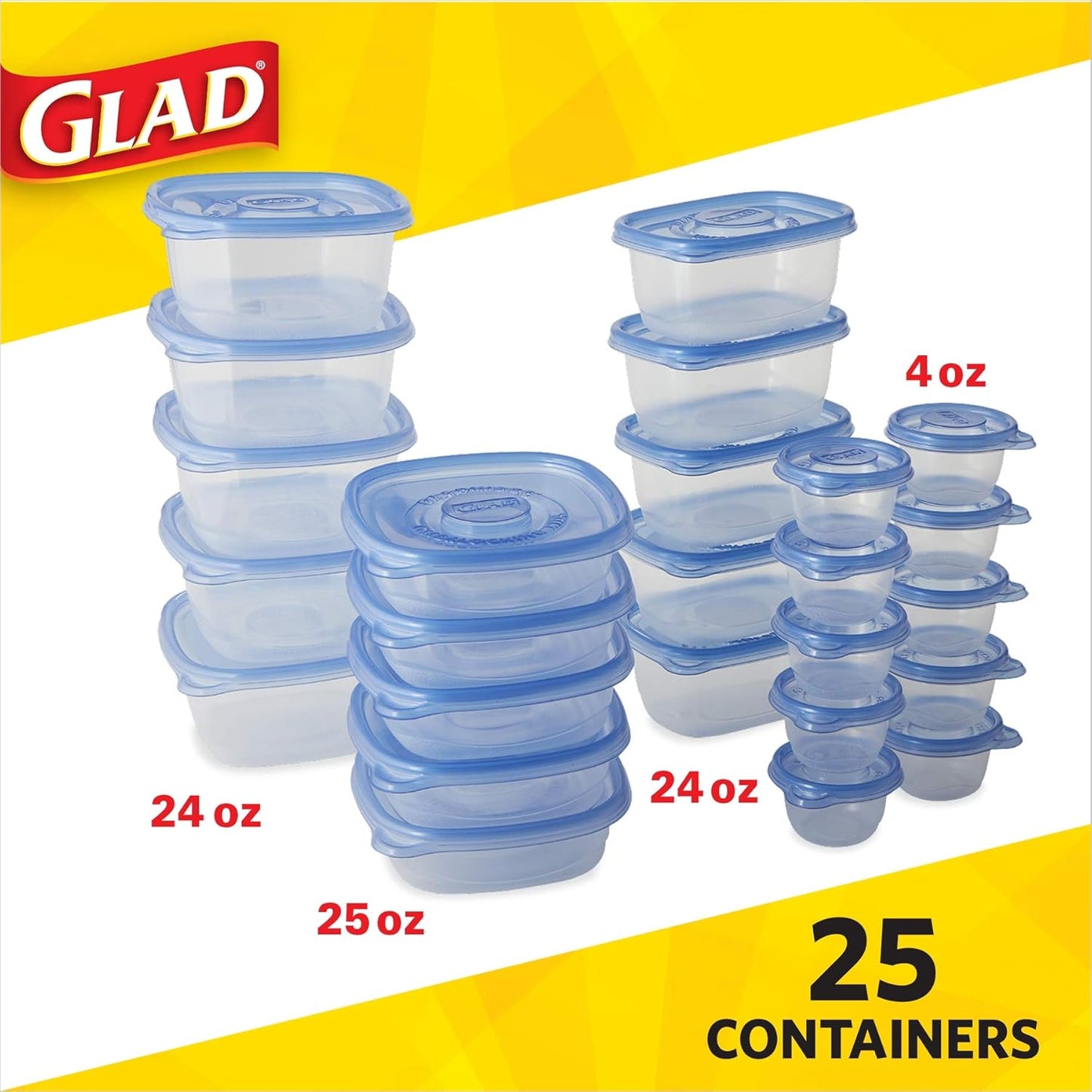 GladWare Food Storage Containers, Family Variety Pack, 24 Piece Set | with Glad Lock Tight Seal, BPA Free Containers and Lids in a Variety of Sizes to Hold and Store Food