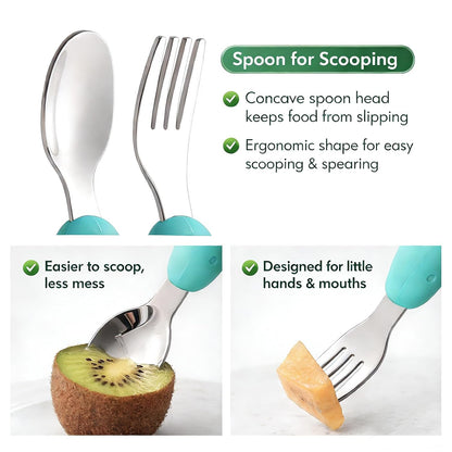 Baby Fork and Spoon Set with Carry Case Baby Training Utensils Self Feeding Toddler Silverware Silicone and Stainless Steel Kids and Toddler Utensil Set-Dinosaur
