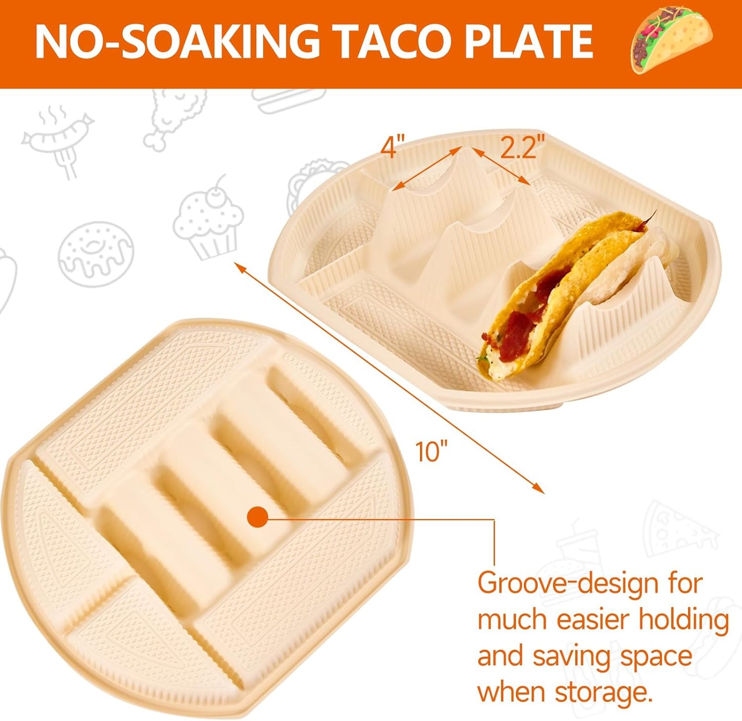 24 PCS Large Disposable Taco Holder for Party, Cornstarch Plates, Stand for 3 Tacos, 2 Dipping Areas, Fiesta Trays for Tuesday, Bar Serving Set, Microwave Safe