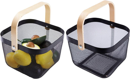 IBWell Square Metal Wire Woven Fruit Storage Bowl Basket with Wooden Handle, Large Black Mesh Fruit Stand, Multi-function Hanging Kitchen Baskets (White, Normal)