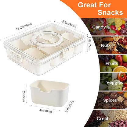 Divided Serving Tray with Lid and Handle, Portable Snackle Box Container for Fruits Snacks Charcuterie Organizer, Spinning Rounded Veggie Tray for Kitchen, Party, Travel and Picnic