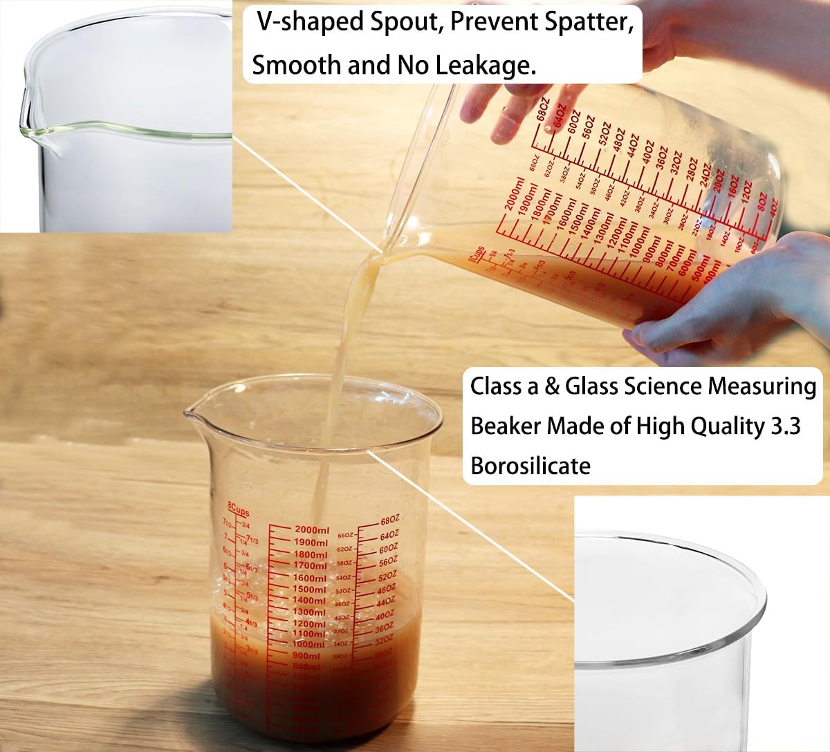 3 Piece Glass Measuring Cup Set, Includes 1/2-Cup, 1-Cup, and 2-Cup High Borosilicate Glasss Liquid Measuring Cups, Dishwasher, Freezer, Microwave, and Preheated Oven Safe, Essential Kitchen Tools