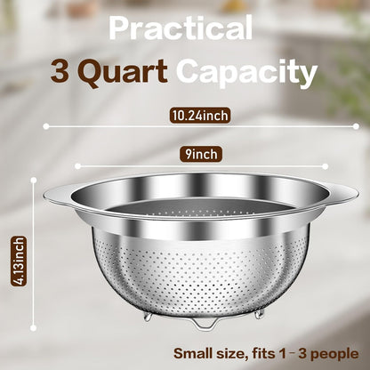 Stainless Steel Strainer with Mixing Bowl, Rice Washer, Colander for Kitchen, Rice Strainer, Fruit and Vegetable Wash, Microporous Colander, Fruit Cleaner Bowl, Dishwasher Safe