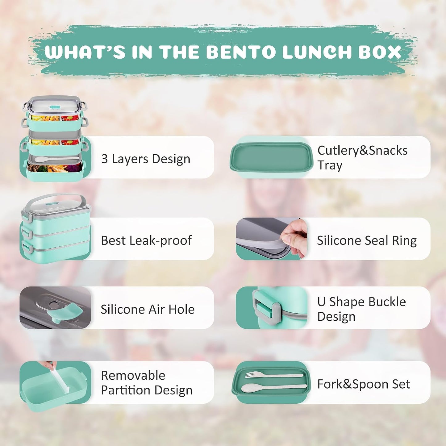 Stainless Steel Bento Box for Adults&Kids,Japanese Leakproof Lunch Box Divided Food Meal Storage Containers Set Stackable 2 Layer for Children School Picnic Beige
