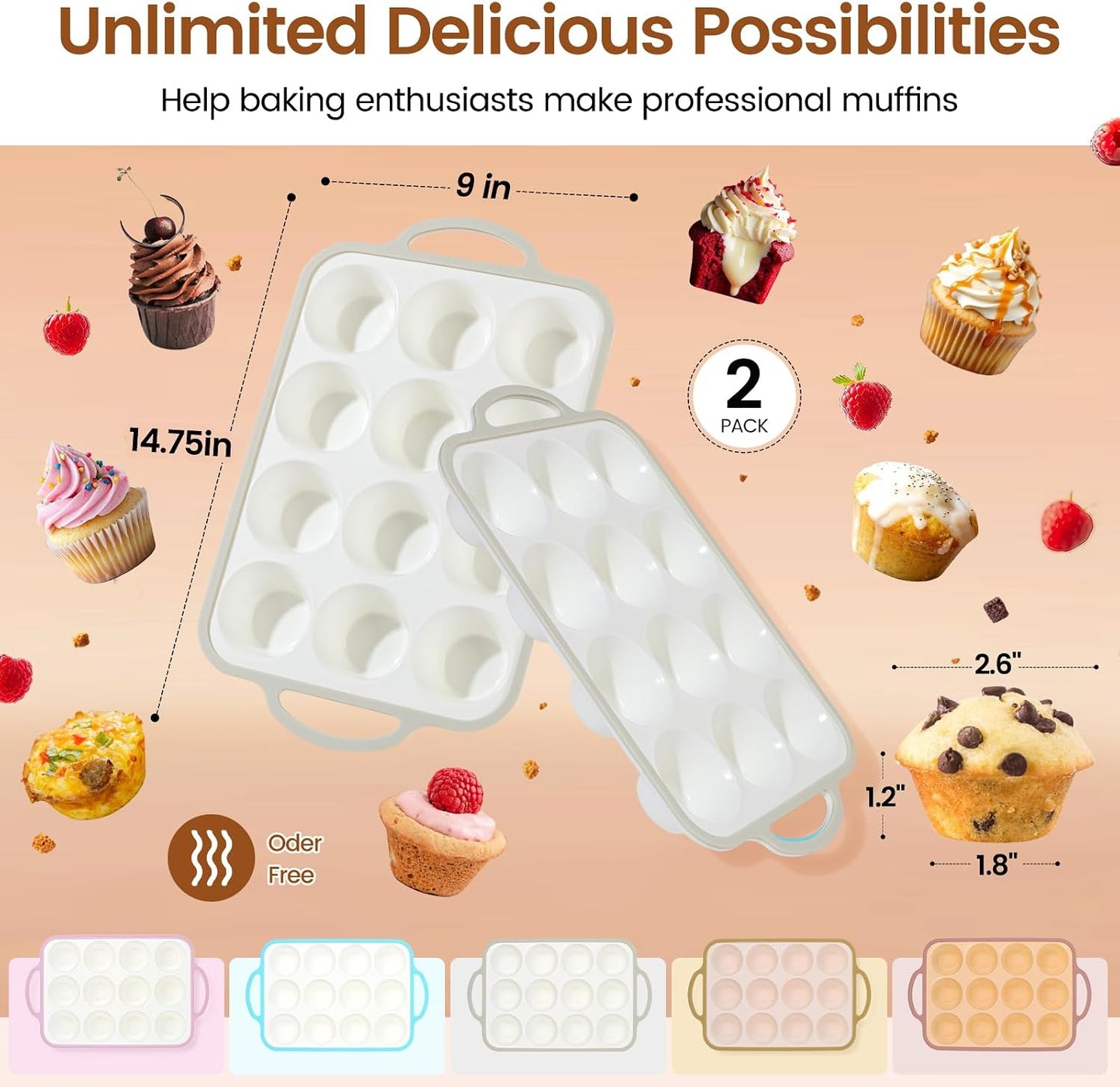 Silicone Muffin Pans for Baking 2 Pack, 2.6 Inch with Metal Reinforced Frame, Regular Size Nonstick Cupcake Pan 12 Cups for Baking Homemade Muffins, Dishwasher Safe BPA Free-Blue