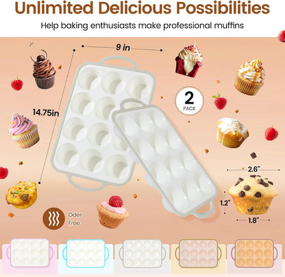 Silicone Muffin Pans for Baking 2 Pack, 2.6 Inch with Metal Reinforced Frame, Regular Size Nonstick Cupcake Pan 12 Cups for Baking Homemade Muffins, Dishwasher Safe BPA Free-Blue