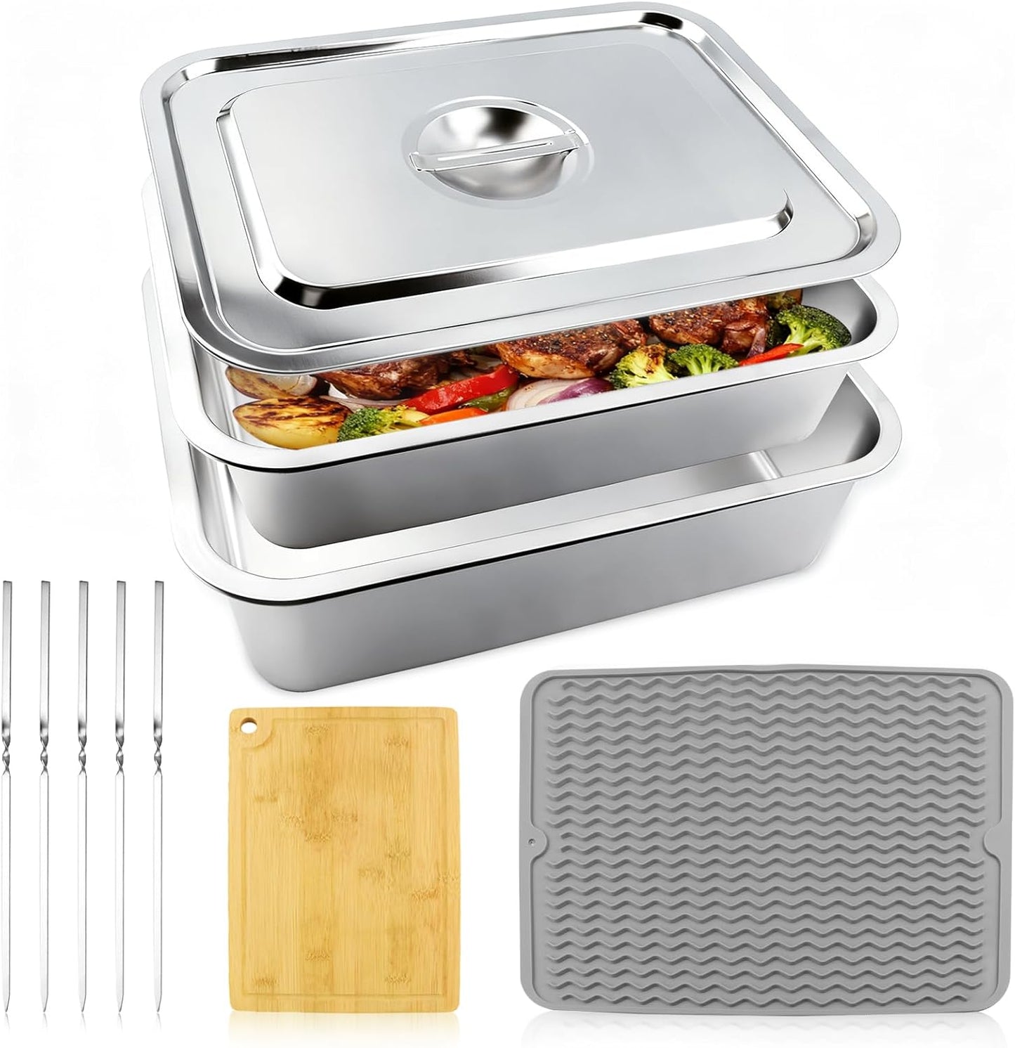 10PCS Grill Carry System Lanstics 15.7"x11.8" Grilling Prep Trays Stainless Steel Platter BBQ Serving Trays with Lid Chopping Board Skewers for Outdoor Barbecue Party