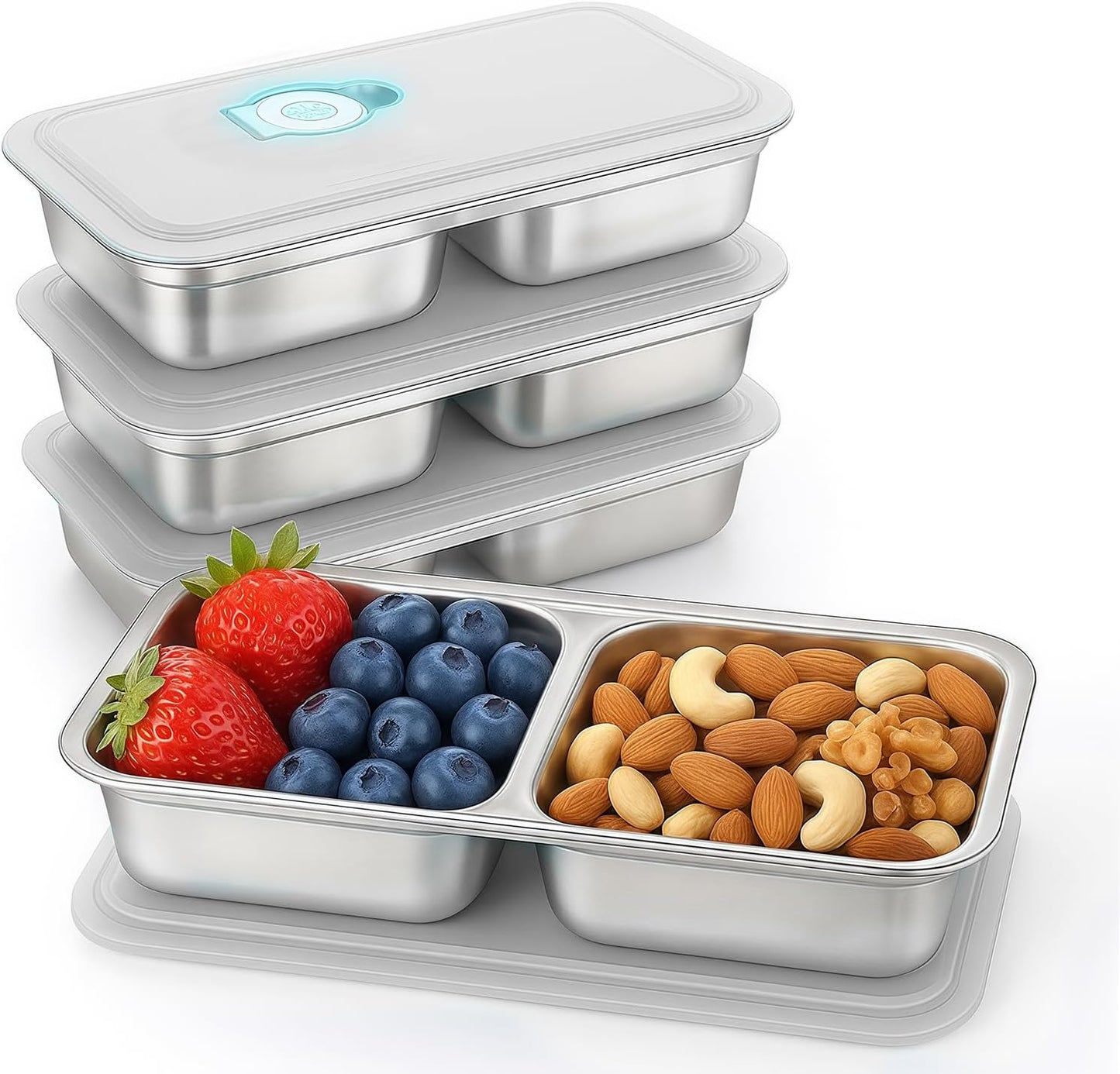 Stainless Steel Snack Containers, 6-Pack Reusable Grab and Go Containers with Lids, Dual Compartment Bento Box for Travel, Camping & Lunch Prep