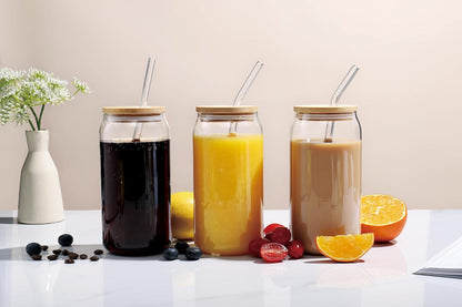 4pcs Set - 20oz Glass Tumblers with Bamboo Lid and Glass Straw, Drinking Glasses, Iced Beer Glasses, Classical and Thermal Safe Glasses with Cleaning Brushes