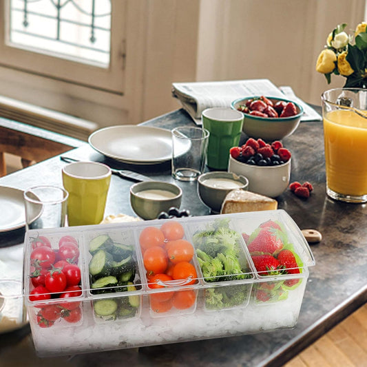 MorTime Ice Chilled Condiment Server with 5 Removable Compartments, Clear Sauce Caddy Serving Tray Container with Lid, 3 Serving Spoons & 3 Tongs Included