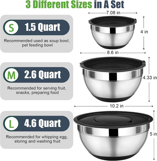 P&P CHEF Mixing Bowl with Lids Set of 3, Stainless Steel Nesting Salad Bowls for Serving Preparing, 3 Grater Attachments & Non-Slip Bottoms, Size 1.5/2.6/4.6 QT, Khaki
