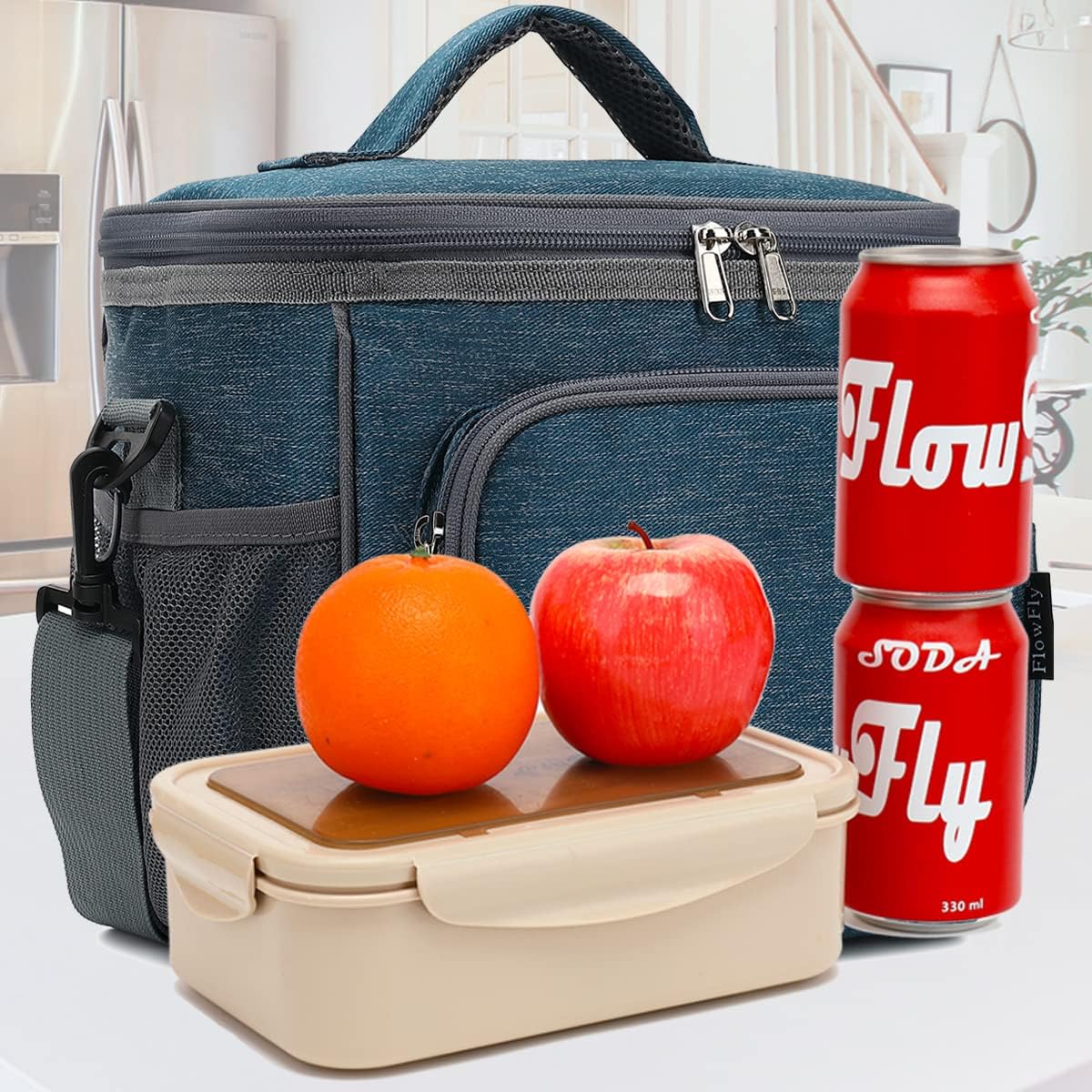 FlowFly Insulated Reusable Lunch Bag Adult Large Lunch Box for Women and Men with Adjustable Shoulder Strap,Front Zipper Pocket and Dual Large Mesh Side Pockets,Cherry - Colors A