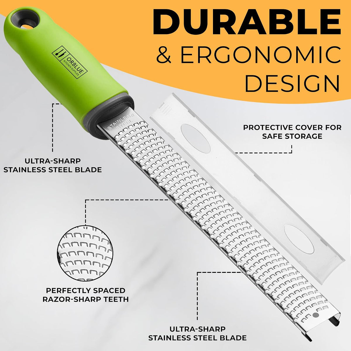 Orblue Lemon Zester & Cheese Grater - Premium Citrus Zester, Kitchen Grater for Parmesan, Chocolate, Fruits, Vegetables, Ginger, Garlic, Nutmeg - Stainless Steel Blades with Protective Cover, Gray