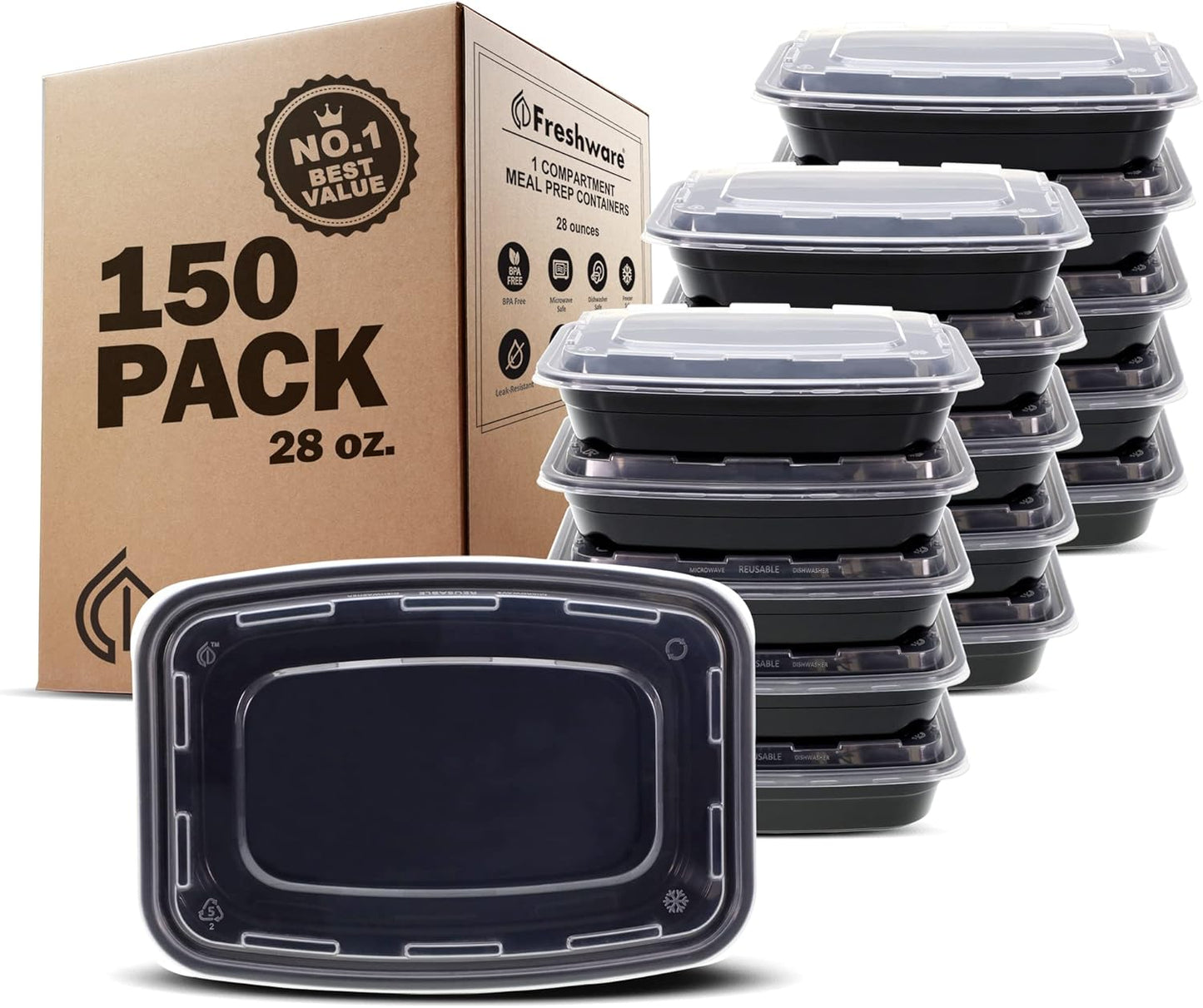 Freshware Meal Prep Containers 1 Compartment Food Storage Containers with Lids, Bento Box, BPA Free, Stackable, Microwave/Dishwasher/Freezer Safe (28 oz), 50 Count (Pack of 1)