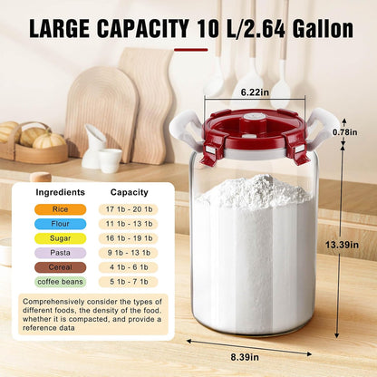 2.6 Gallon Glass Rice Storage Container with Airtight Lid & Handle, 10L Large Glass Food Storage Jar for 20 lb Rice or 10 lb Flour, Wide Mouth Pantry Canister with Silicone Base