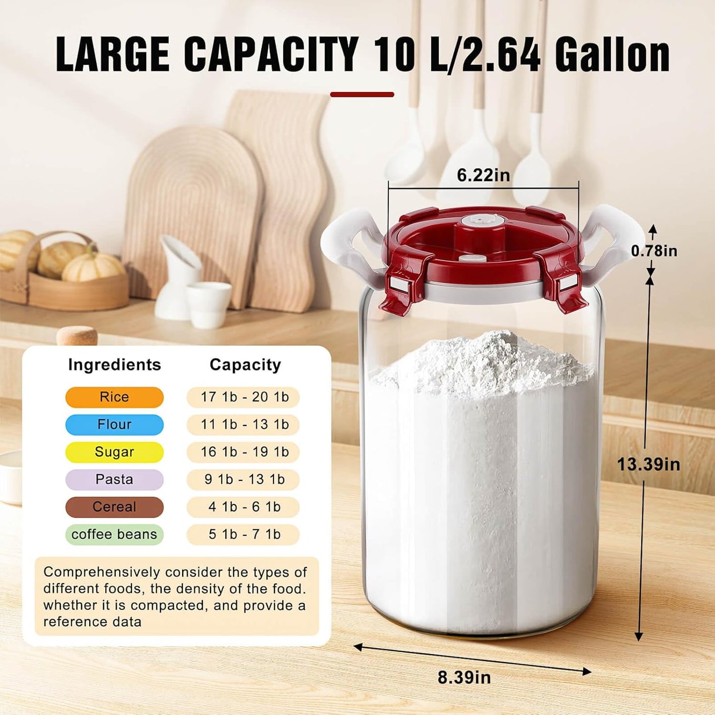 10L / 2.6 Gallon Glass Flour Storage Container with Airtight Lid & Handle, Large 10 lb Flour Canister, 20 lb Rice Jar, Wide Mouth Pantry Canister for Sugar, Pasta, Cereal
