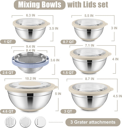 E-far Mixing Bowls with Lids Set, 15PCS Stainless Steel Mixing Nesting Bowl with Colander & 3 Metal Grater for Kitchen Prep/Baking/Storage, Non-Slip Bottom & Airtight Lid, 4.6, 3, 1.5, 1, 0.7QT, Black
