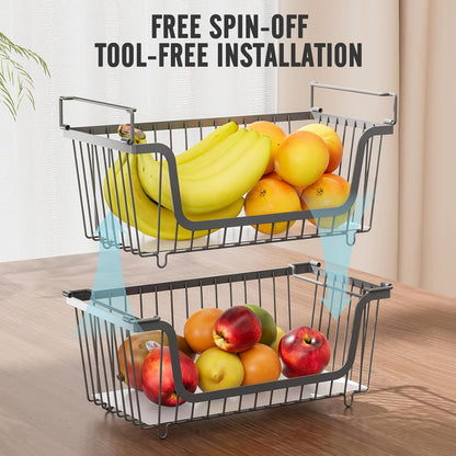GAOKASE 4 Pcs Stackable Wire Baskets for Pantry Organizers and Storage,Vegetable Fruit Basket for Countertop,Kitchen Storage Metal Baskets,Produce Potato Onion Storage Bin-Black