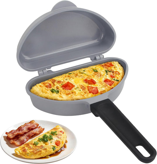Omelette Maker Non Stick Pan, Foldable Frittata & Omelette Pan Nonstick, Double-Sided Omelet Maker with Ceramic Coating, PFOA Free, Dishwasher-safe, Grey