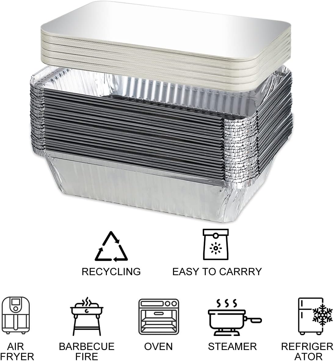 MOACOCK 50 Pack Aluminum Pans with Lids(8.5"×6"), 2.25lb Foil Pans with Board Lids, Disposable Take Out Food Containers, Foil Pans for Meal Prep Freezer Cooking Baking