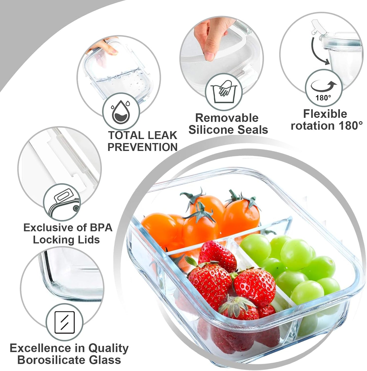 VERONES 5 Pack Glass Meal Prep Containers 3 Compartment Set, 36OZ Airtight Glass Lunch Containers, Glass Food Storage Containers with Lids, for Microwave, Oven, Freezer & Dishwasher Friendly,Green