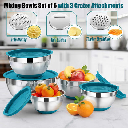 P&P CHEF Mixing Bowl with Lid Set, 5 Piece Stainless Steel Mixing Nesting Bowls for Salad Storage, 3 Grater Attachments & Non-Slip Bottoms, Size 1/1.5/2 / 2.6/4.6 QT, Black