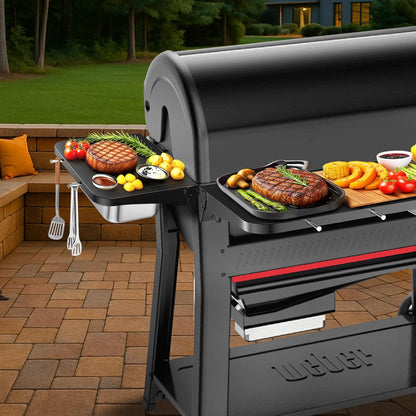Upgraded Grill Table for Weber Kettle 22"/18"/26", Master Touch 22", Smokey Mountain, Recteq Pellet Grill RT-B380, Prep Station with Cutting Board, Basin, 4 Hooks, Shelf for Weber Kettle Accessories