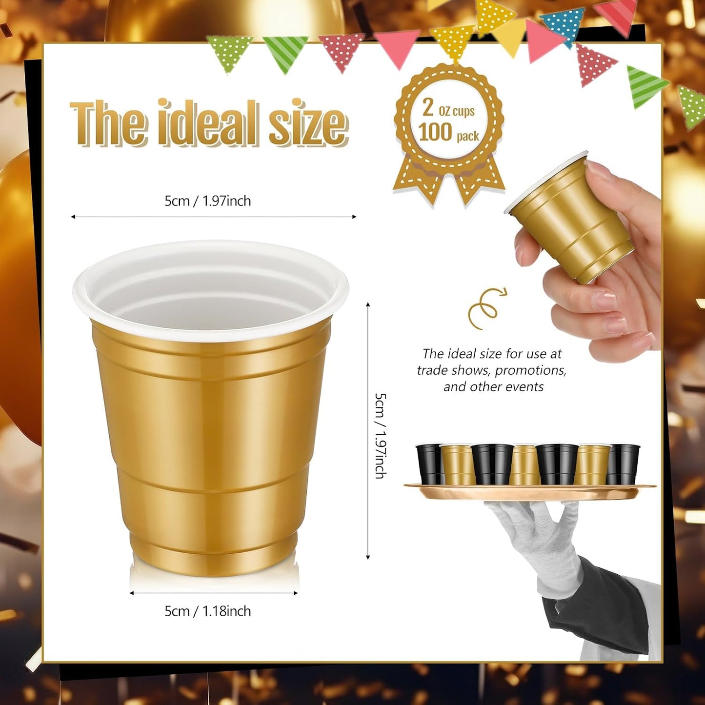 Roshtia 100 Pack 2 oz Plastic Shot Cups, Mini Disposable Shot Glasses 2 oz Wedding Party Cups for Bridal Shower Wedding Party, Beer Taste Serving, Snacks(Black, Gold)