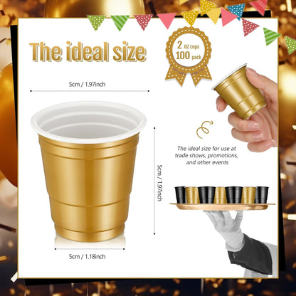 Roshtia 100 Pack 2 oz Plastic Shot Cups, Mini Disposable Shot Glasses 2 oz Wedding Party Cups for Bridal Shower Wedding Party, Beer Taste Serving, Snacks(Black, Gold)