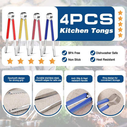 4Pcs Stainless Steel Kitchen Tongs for Cooking - 10" Metal Food Tongs With Non-Slip Comfort Grip, Non-Stick, High Heat Resistant for BBQ, Grilling and Serving