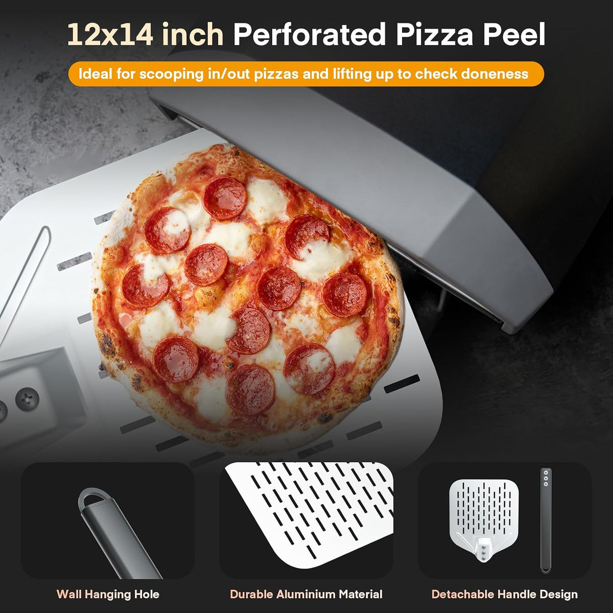 4PCS Pizza Oven Accessories, Yofuly 12 Inch Perforated Pizza Peel, 9 Inch Round Turning Peel, Pizza Stone Cleaning Brush with Scraper, Rocker Cutter, Homemade Pizza Supplies Tools Kit