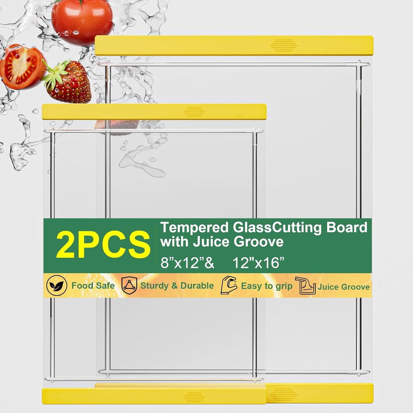 Tempered Glass Cutting Board Set for Kitchen Counter - Dishwasher Safe with Juice Grooves, Non-Slip Silicone Edges & Beveled Grip - 16"x12" & 12"x8" Serving Tray (Blue)