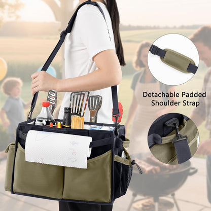 FREECOLSH Black Waterproof Caddy, 16" x 11" x 11", with Detachable Strap and Shoulder Pad for Carrying Utensils and Camping Supplies