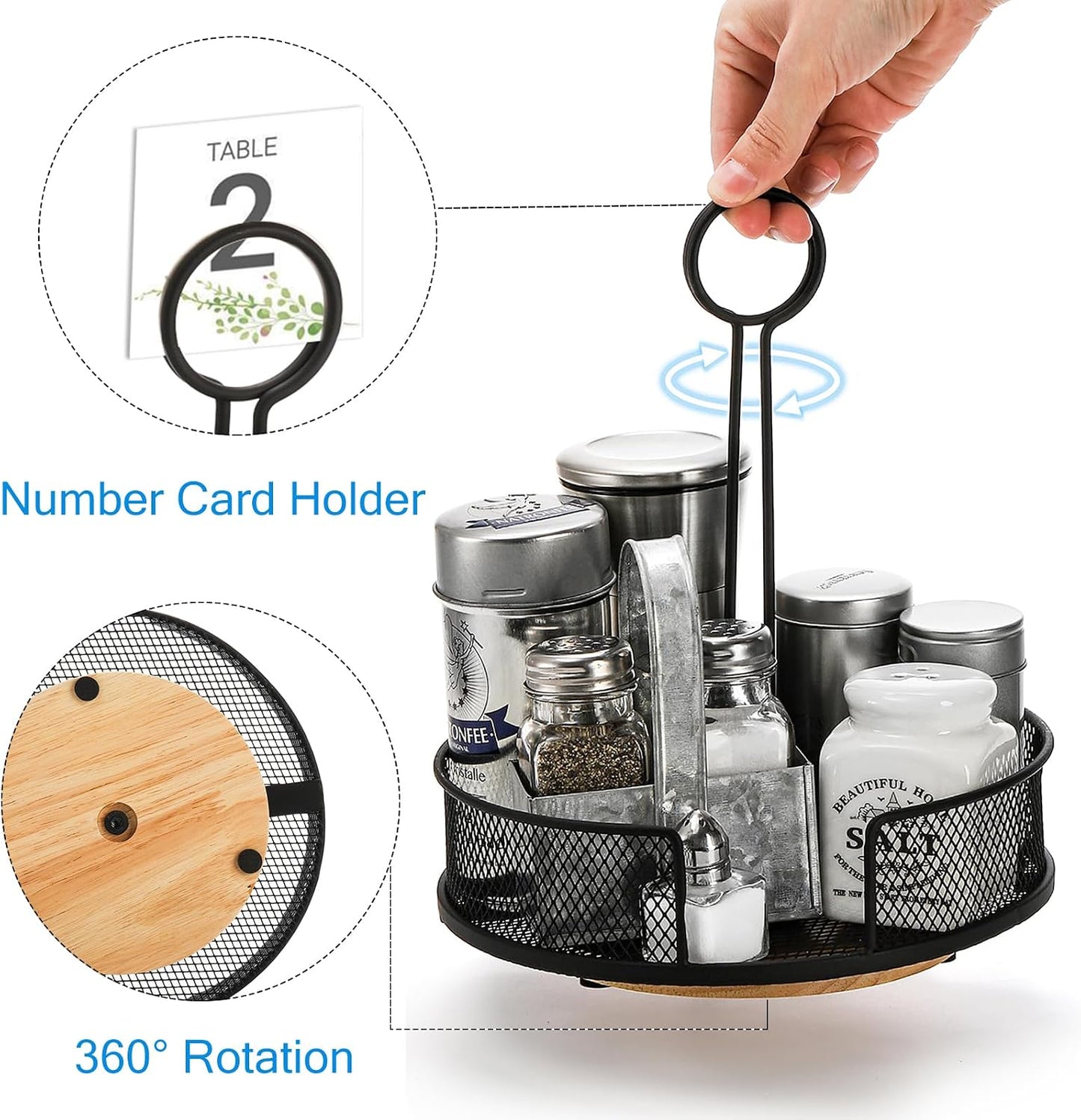 Yesland 2 Pack Metal Rotating Condiment Caddy with Number Card Holder, 7.75 Inch Round Table Caddy with Wooden Base Black Coated Table Caddies Collection for Salt Pepper Ketchup Hot Sauce Mustard