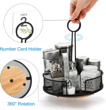 Yesland 2 Pack Metal Rotating Condiment Caddy with Number Card Holder, 7.75 Inch Round Table Caddy with Wooden Base Black Coated Table Caddies Collection for Salt Pepper Ketchup Hot Sauce Mustard