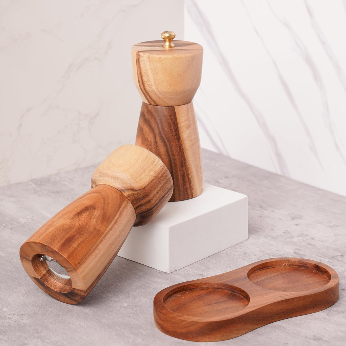 Pepper Grinder, Pepper Mill with Adjustable Stainless Steel, Acacia Wood, 14 cm/5 inch Height, Bottom Dia: 6 cm/2.36 inch (Tray is NOT Included)