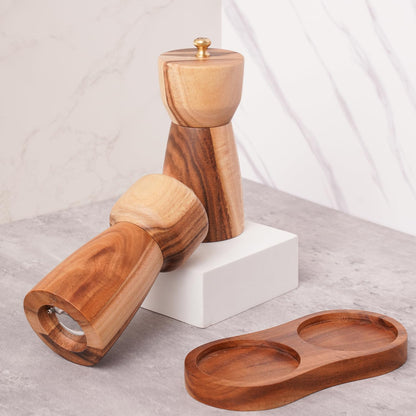 Pepper Grinder, Pepper Mill with Adjustable Stainless Steel, Acacia Wood, 14 cm/5 inch Height, Bottom Dia: 6 cm/2.36 inch (Tray is NOT Included)