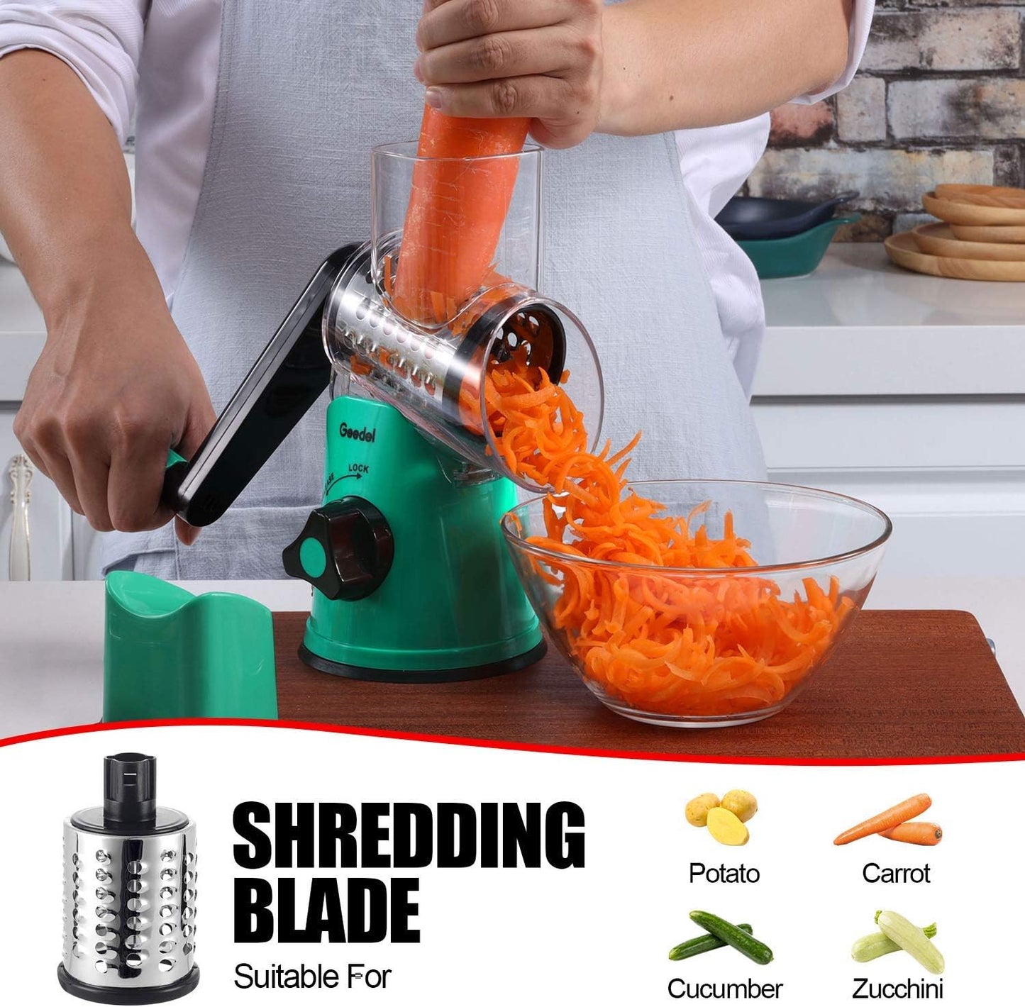 Geedel Rotary Cheese Grater, Kitchen Mandoline Vegetable Slicer with 3 Interchangeable Blades, Easy to Clean Rotary Grater Slicer for Cheese, Vegetables, Nuts