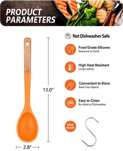 Large Silicone Cooking Spoons, Nonstick Solid Wooden Handle Spoon, Heat Resistan Silicone Kitchen Spoons for Cooking, Serving, Basting, Mixing, 13.2inch (Grey)
