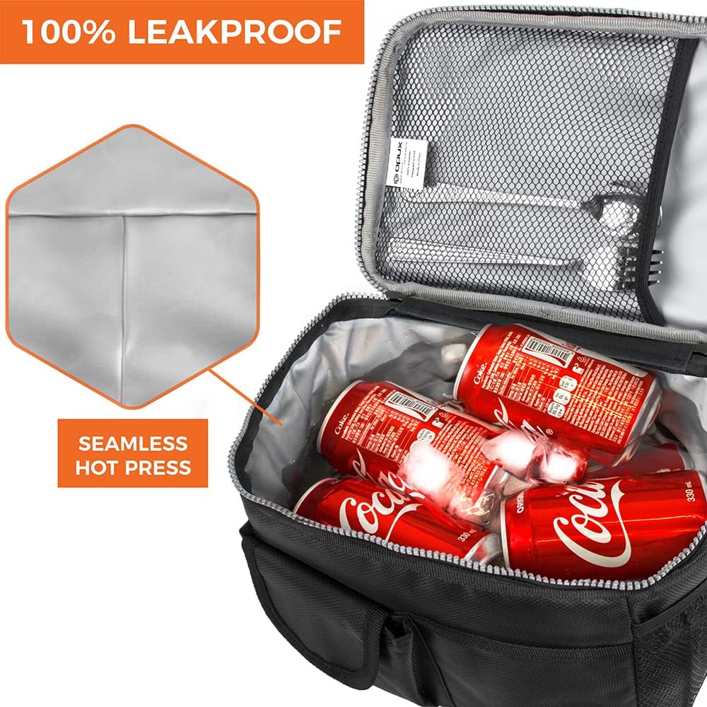 opux Insulated Lunch Bag for Men Women, Leakproof Black Lunch Box for Work, Portable Soft Lunch Cooler Bag with Shoulder Strap, Adult Lunchbox Lunch Pail for Kid Boy Girl School, 14 Can/8L