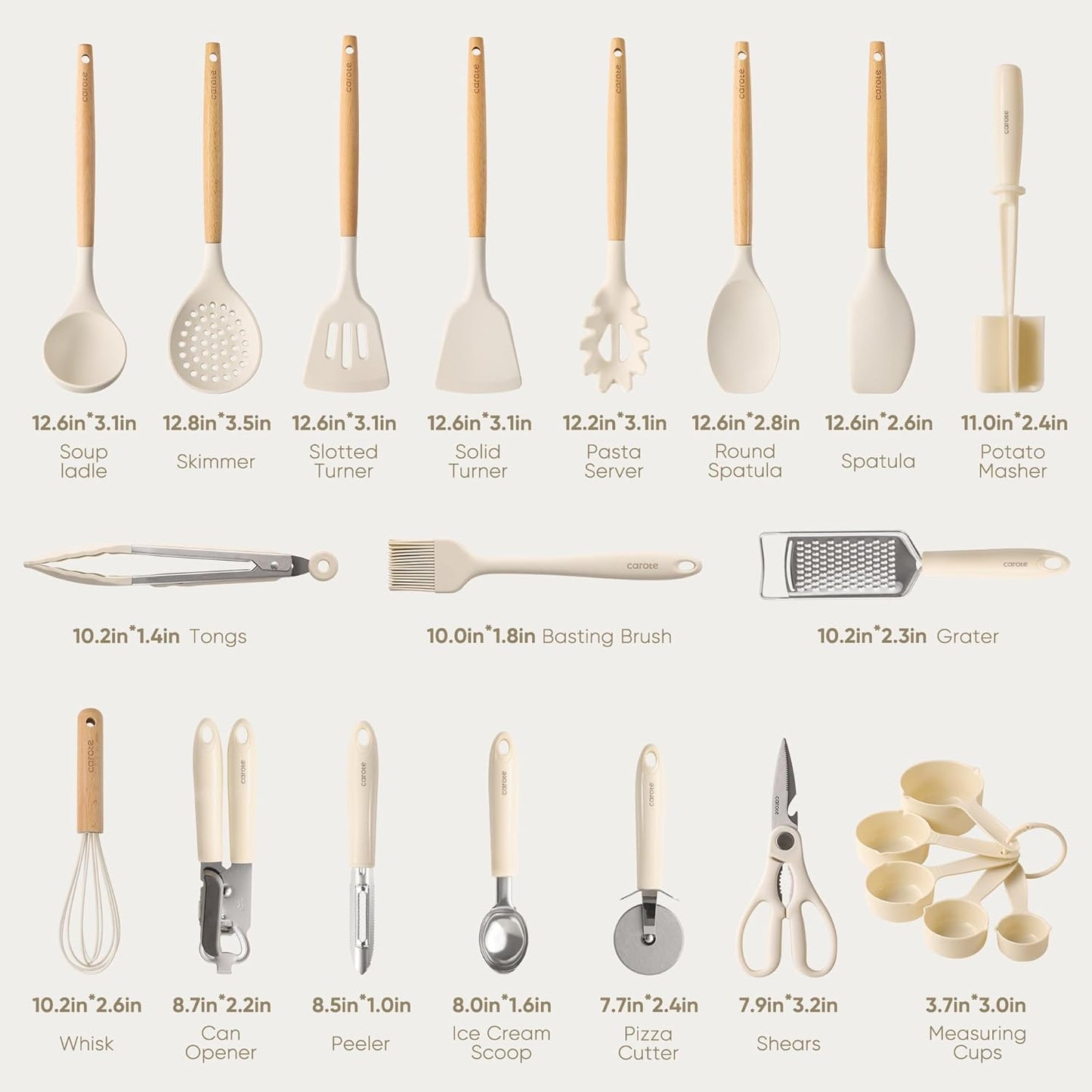 CAROTE Silicone Cooking Utensils Set, Kitchen Utensils Set 10 Pcs for cooking, BPA Free Spatula Set with Heat Resistant Wood Handles for Nonstick Cookware (Cream White)