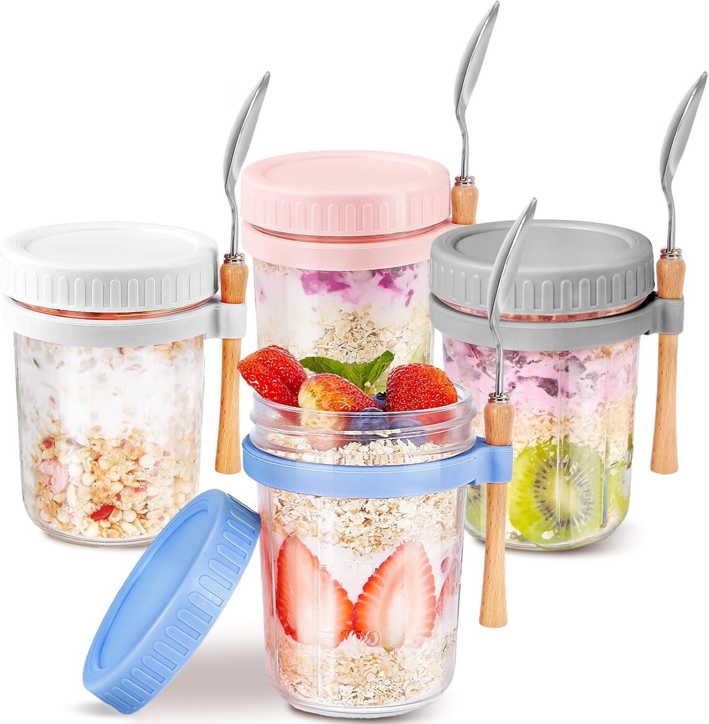 HomArtist 16oz Overnight Oats Containers with Lids and Spoons, 4 Pack Wide Mouth Mason Jars with Airtight Lids, Overnight Oats Jars for Salad, Chia Seed, Cereal, Yogurt