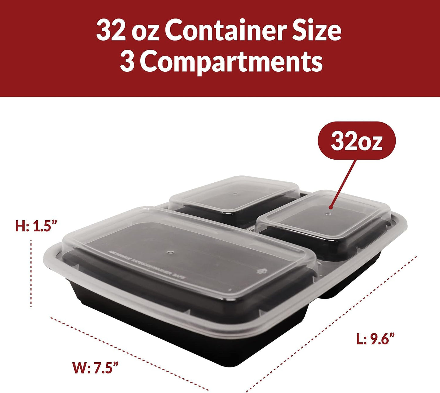 Reli. Meal Prep Containers, 32 oz. | 40 Pack | 3 Compartment Food Container w/Lids | Microwavable Food Storage, To Go | Black Reusable Bento Box/Lunch Box for Meal Prep