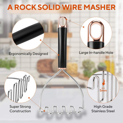 Potato Masher, Large Heavy Duty Stainless Steel Mashed Potato Masher Kitchen Tool, Professional Metal Wire Smasher for Bean, Avocado, Vegetable-10.24 inch （Silver）