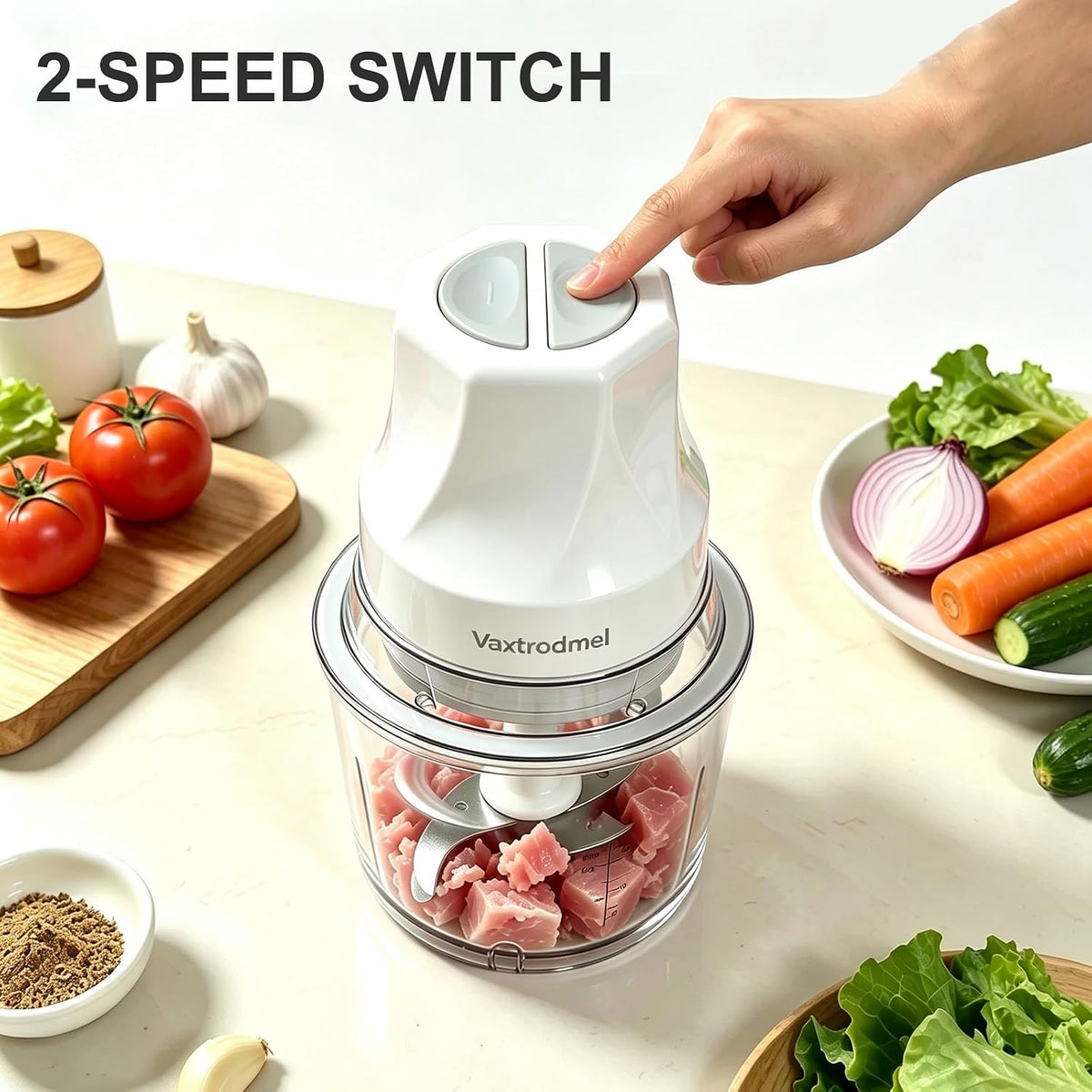 Food Chopper Electric, Dual Blades with 2 Speed Button, Overheat Protection + Safety Lock, Hand Wash or Dishwasher Safe, Rubber Anti-Slip Pad, 200W Motor, 1L Plastic Bowl