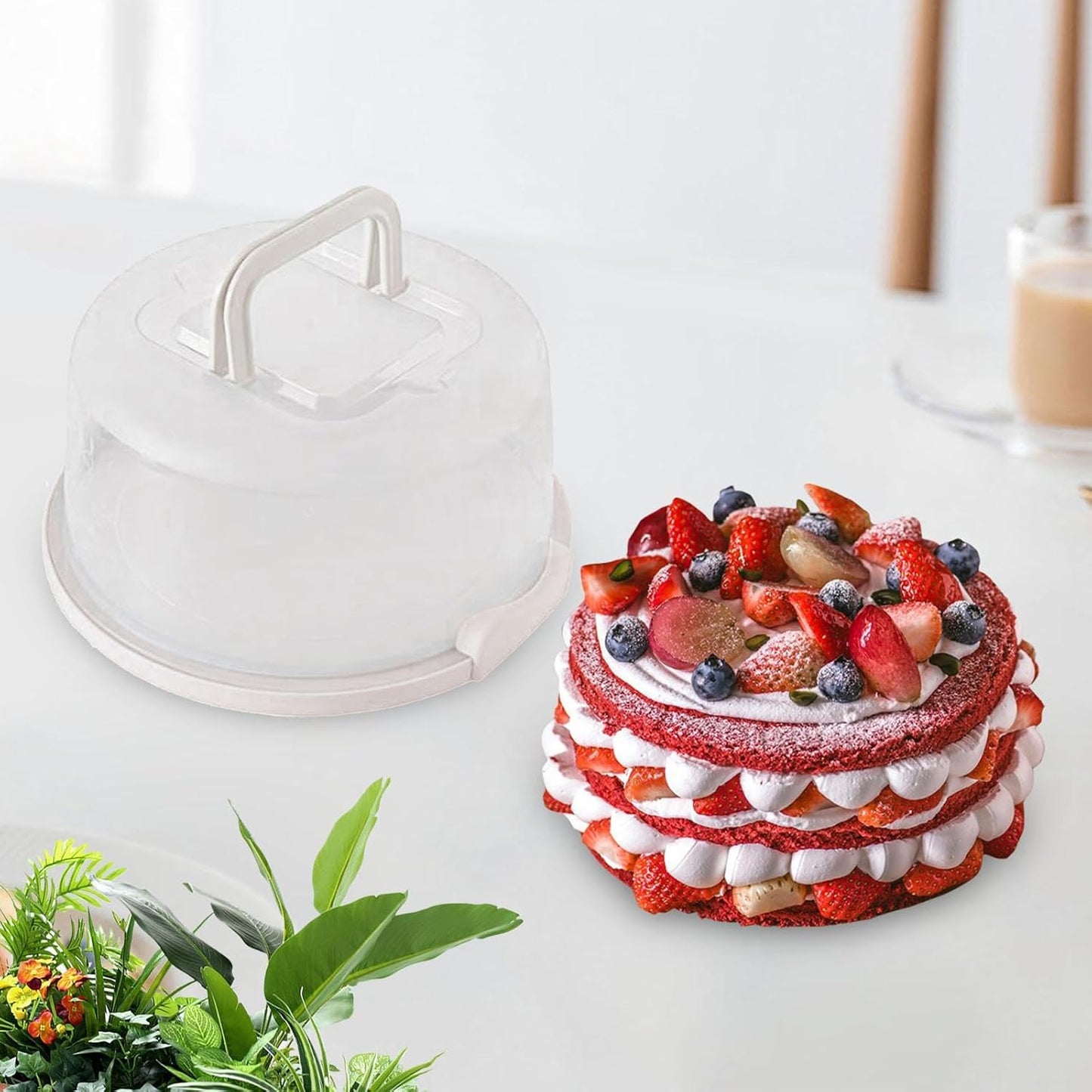Fenteer Cake Container Cake Carrier Dome Storage Carrier Cupcake Box Round Food Grade with Lid and Handle 8 inch Freezer Cake Keeper